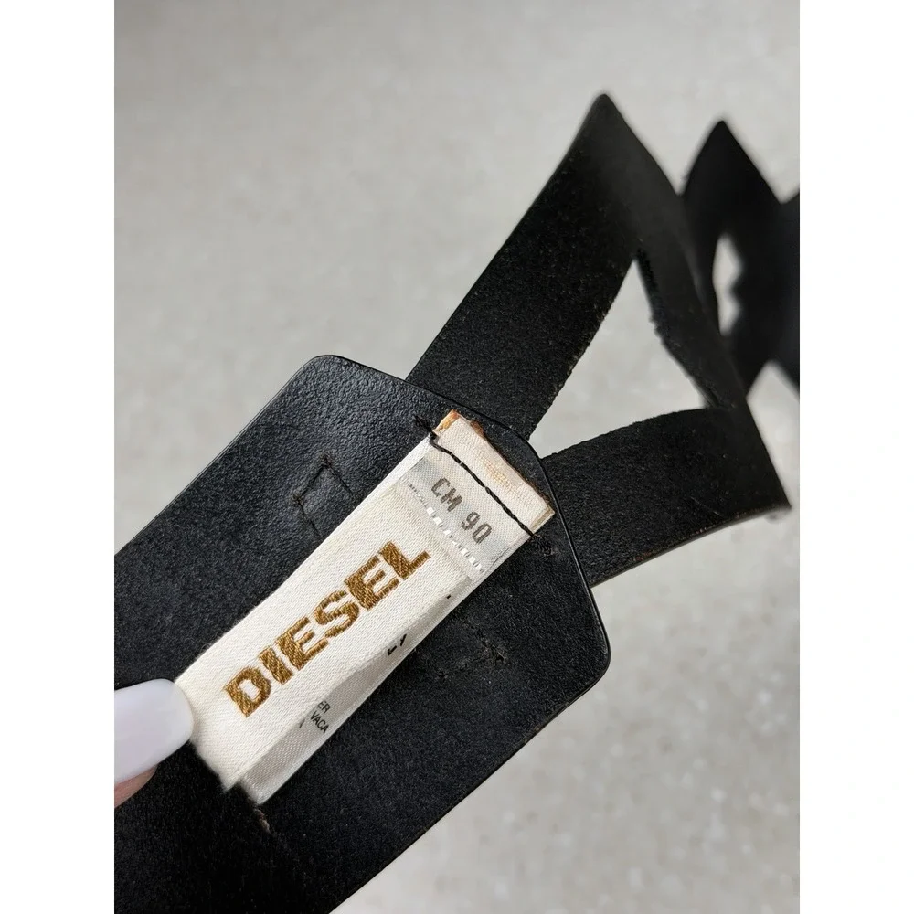 DIESEL Black Wide Leather‎ Belt Geometric Cut Out 100% Cow Leather Sz 90 cm